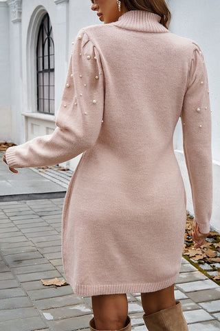 Pearl-Embellished Turtleneck Sweater Dress