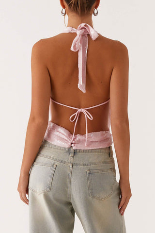 Draped Sequin Halter Top