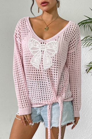 Lace Bow Open-Knit Top