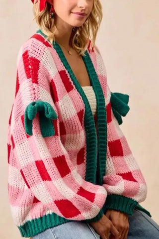 Plaid Knit Bow Knot Open Front Cardigan