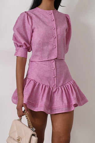 Button-Front Puff Sleeve Skirt Set