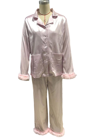 Feather Trim Button-Up Loungewear Set