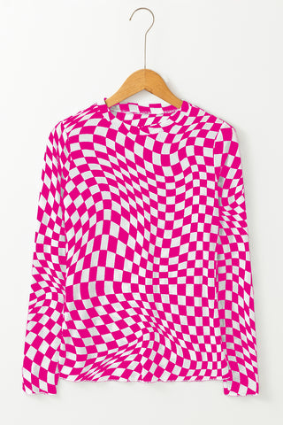 Black Checkered Pattern Mesh Mock Neck Long Sleeve Top
