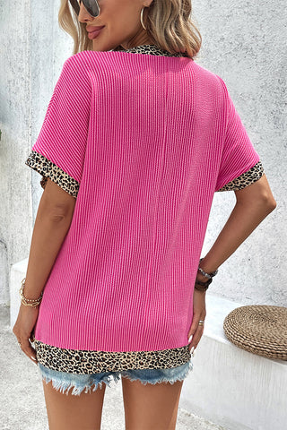 Leopard Patchwork V Neck T Shirt