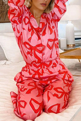 Bow Print Long Sleeve Shirt 2pcs Pajama Set