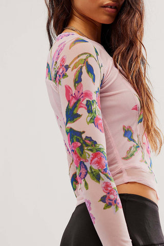 Floral Long-Sleeve Mesh Blouse