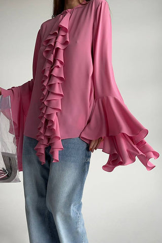 Ruffled Front Blouse with Flowing Sleeves