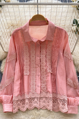 Lace Trim Button-Up Blouse