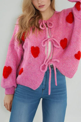Heart Pattern Tie-Front Cardigan