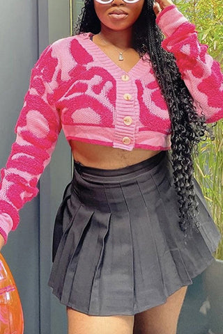 Buttoned Knit Cardigan with Artistic Pattern