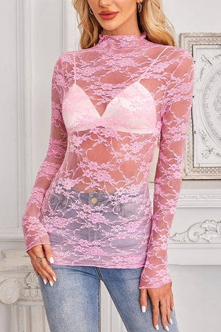 Pink Sheer Lace Long Sleeve Top