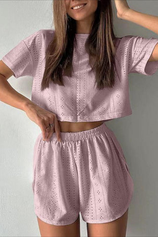 Eyelet Crop Top and Elastic Waist Shorts Set
