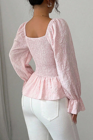 Peplum Long Sleeve Blouse with Tie-Front