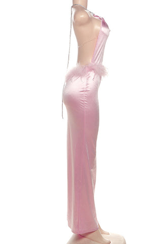 Halter Midi Dress with Feather Trim