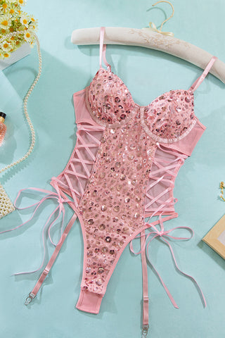 Embellished Sheer Lace-Up Bodysuit