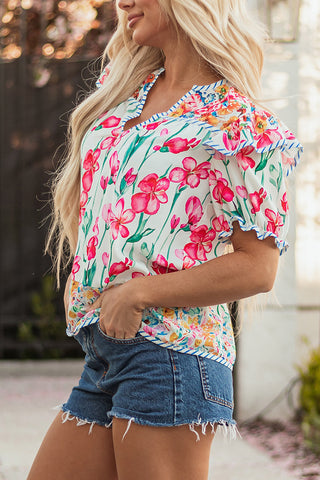 Floral Pattern Blouse with Flutter Sleeves