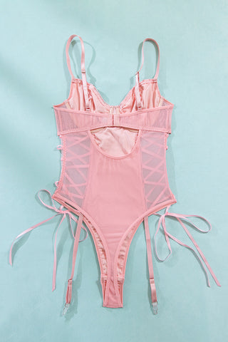 Embellished Sheer Lace-Up Bodysuit