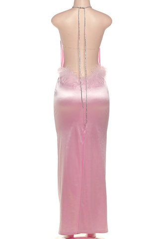 Halter Midi Dress with Feather Trim