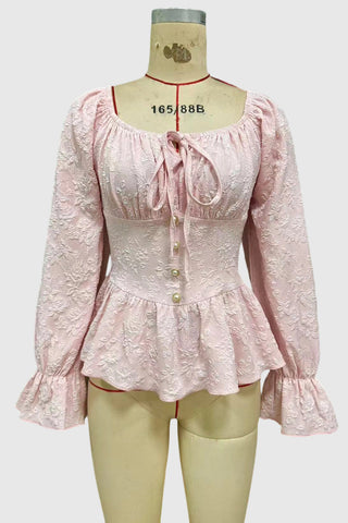 Peplum Long Sleeve Blouse with Tie-Front