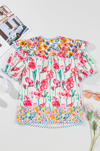 Floral Pattern Blouse with Flutter Sleeves