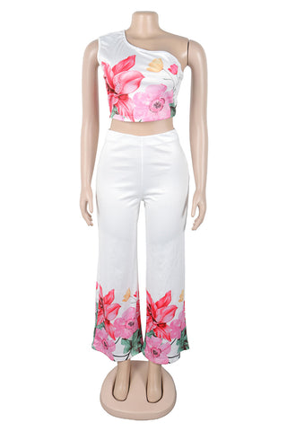 One-Shoulder Floral Pants Set