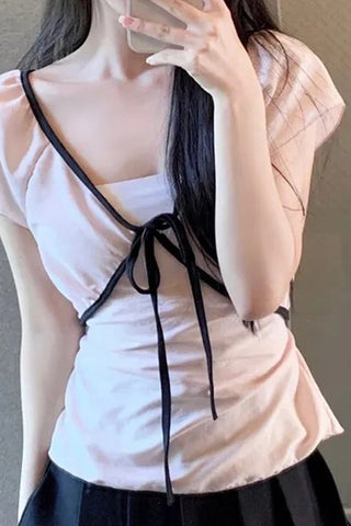 Puff Sleeve Tie Front T-Shirt