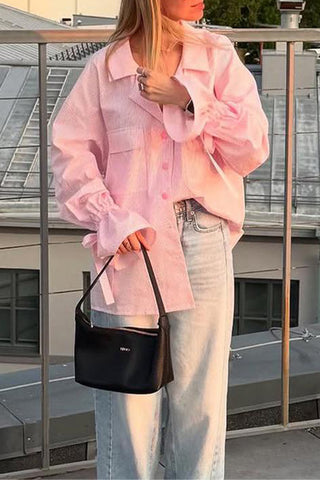 Button-Down Blouse with Tie Sleeve Detail