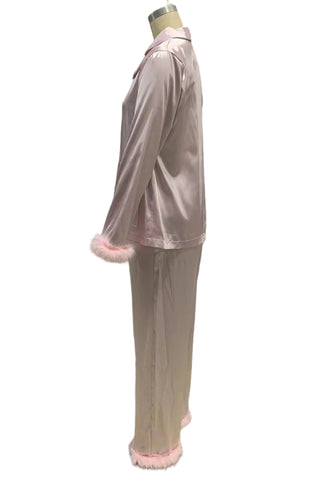 Feather Trim Button-Up Loungewear Set
