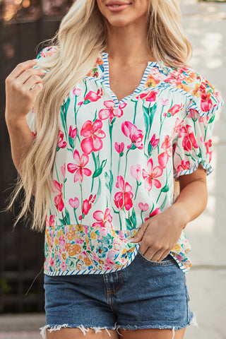 Floral Pattern Blouse with Flutter Sleeves