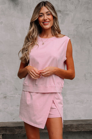 Mint Green 2 Pieces Mineral Wash Cotton Tank Top Lined Split Skirt Set