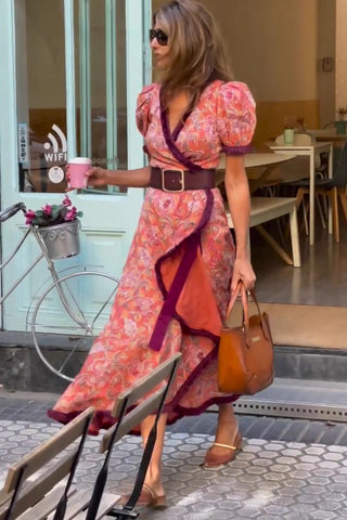 Wrap-Front Puff Sleeve Casual Dress