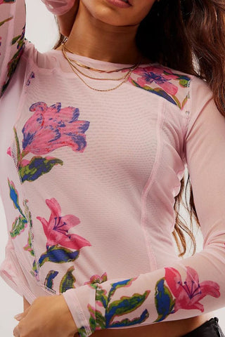Floral Long-Sleeve Mesh Blouse