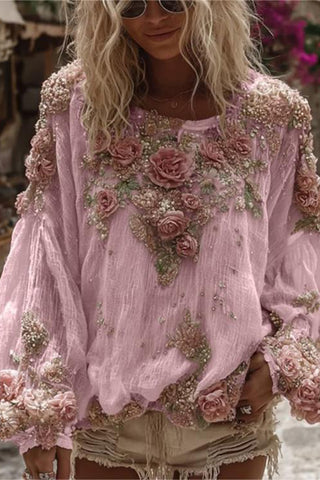 Floral Embellished Balloon Sleeve Blouse