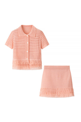Fringe-Trimmed Skirt Set with Button Top
