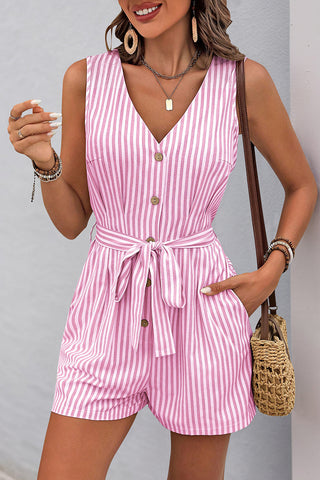 Striped Button-Front Tie-Waist Romper