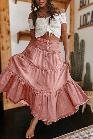 Tiered Button-Front Denim Skirt