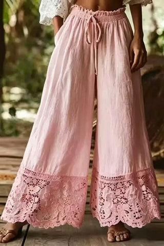 Lace Trim Wide-Leg Casual Pants