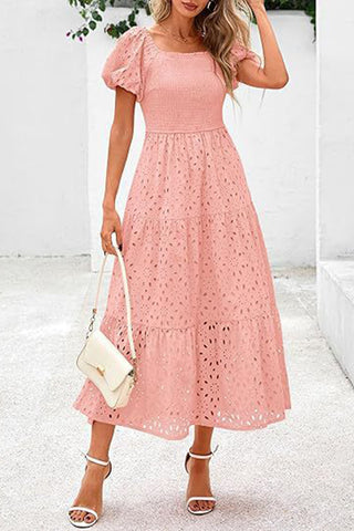 Square Neck Puff Sleeve Eyelet Dress