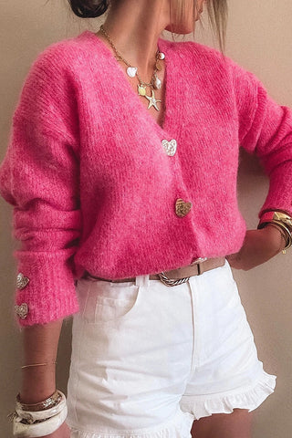 Heart Button V-Neck Cardigan