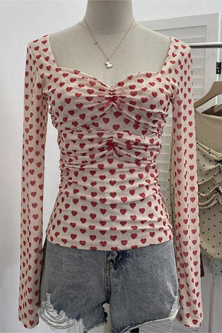 Ruched Heart-Print Long Sleeve Top