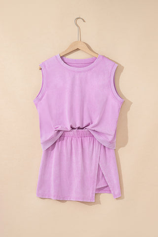 Mint Green 2 Pieces Mineral Wash Cotton Tank Top Lined Split Skirt Set