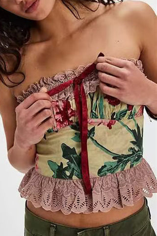 Strapless Lace Trim Floral Camisole