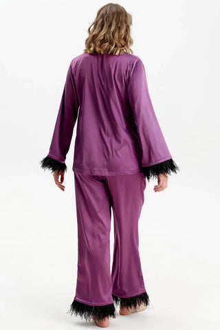 Feather Trim Button-Up Loungewear Set