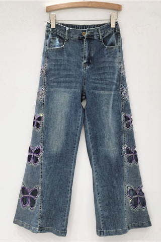 Patterned Wide-Leg Denim Jeans