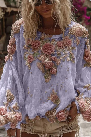 Floral Embellished Balloon Sleeve Blouse