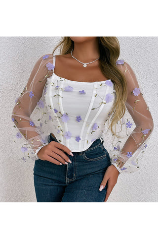 Floral Embroidered Mesh Sleeve Tank