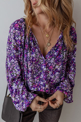 Floral V-Neck Blouse with Flowing Sleeves
