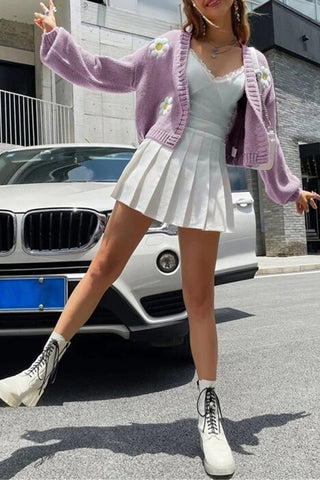 Floral Appliqué Open-Front Cardigan