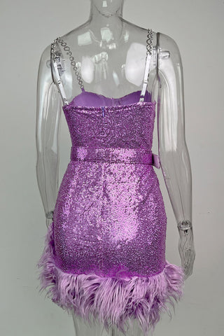 Sparkling Mini Dress with Feather Trim