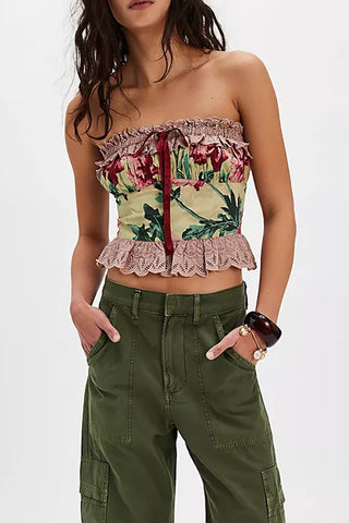 Strapless Lace Trim Floral Camisole